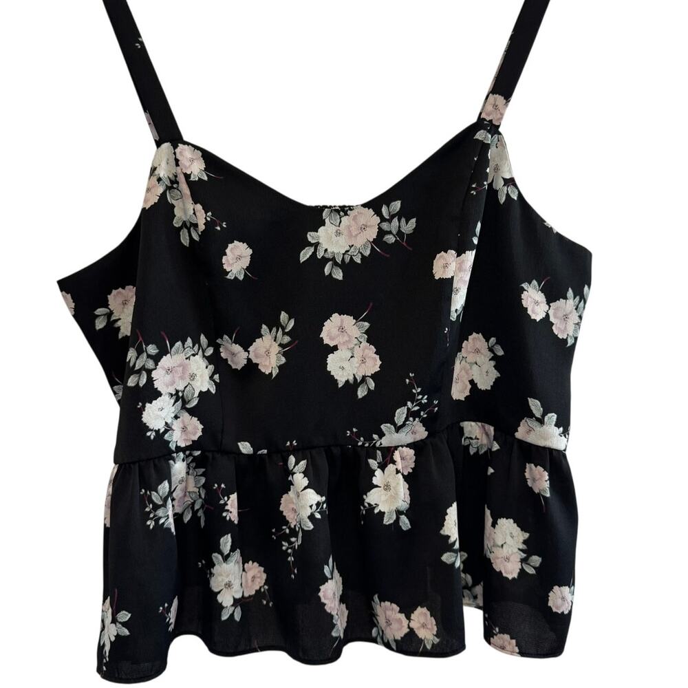 Floral Peplum Tank Top Black Spaghetti Straps Fairy Grunge Cottagecore SZ‎ L